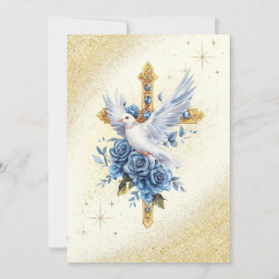 Elegant Gold Dove Blue Rose Taufe Einladung