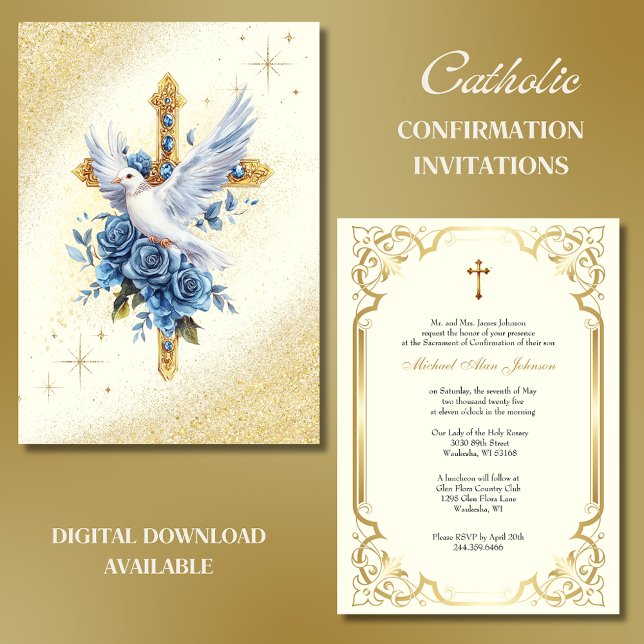 Elegant Gold Dove Blue Rose Taufe Einladung (Von Creator hochgeladen)