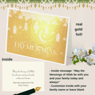 Elegant Gold Eid Mubarak Lanterns + Mond Folienkarte