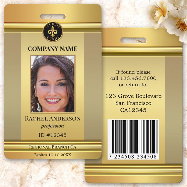 Elegant Gold Employee Foto ID Ausweis (Elegant gold design photo ID badge with space for your custom photo and logo)