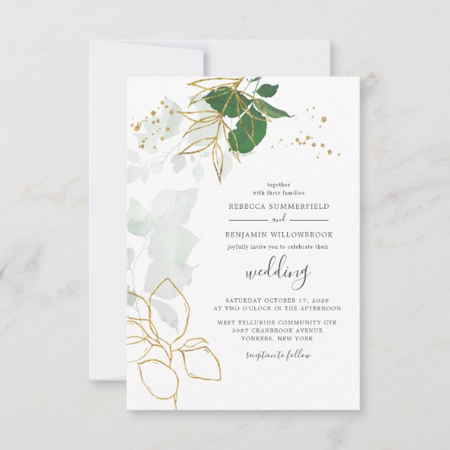 Elegant Gold Eucalyptus Greenery Boho Chic Wedding Einladung (Vorderseite)