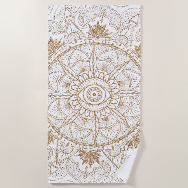 Elegant Gold Eye Sun Moon Mandala White Strandtuch (Vorderseite)