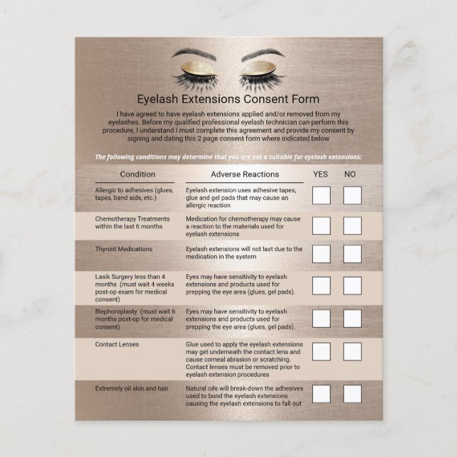 Elegant Gold Eyelash Extensions Liability Waiver Flyer (Vorne)