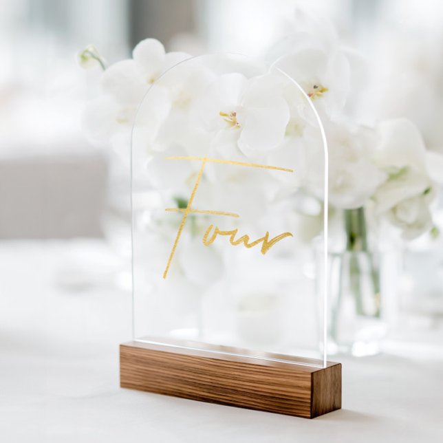 Elegant Gold Faux Foil Arch Acrylic Table Number Acryleinladungen (Elegant Gold Faux Foil Arch Acrylic Table Number. Please note: Wood block stand is not included.)