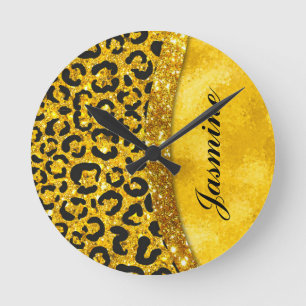 Elegant gold faux glitter animal print Monogram Runde Wanduhr