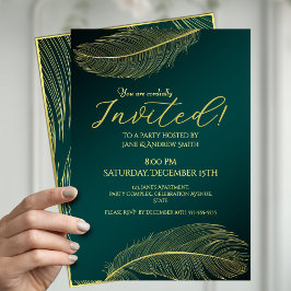 Elegant Gold Feather Green Invitation Card For Spe Einladung