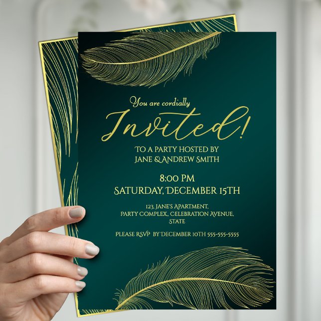 Elegant Gold Feather Green Invitation Card For Spe Einladung (Von Creator hochgeladen)