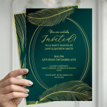 Elegant Gold Feather Oval Frame Invitation Card On