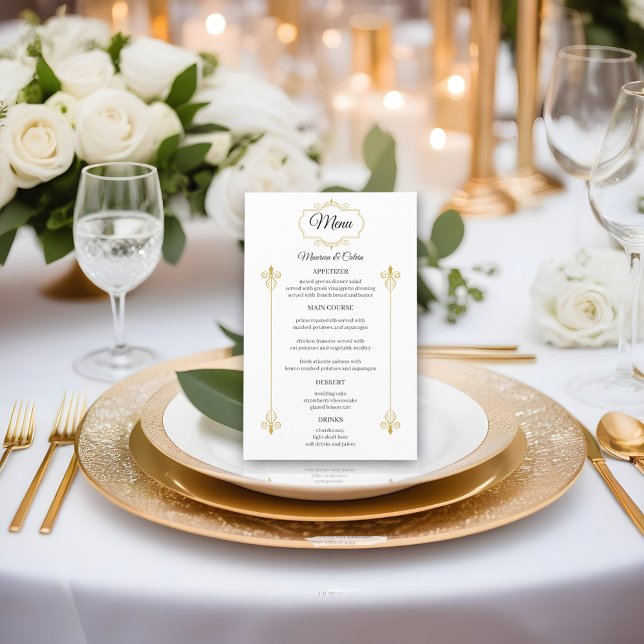 Elegant Gold Filigree auf White Wedding Menu Budge (Von Creator hochgeladen)