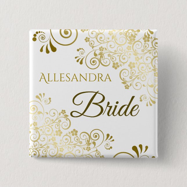 Elegant Gold Filigree Bride Wedding Name Tag Button (Vorderseite)