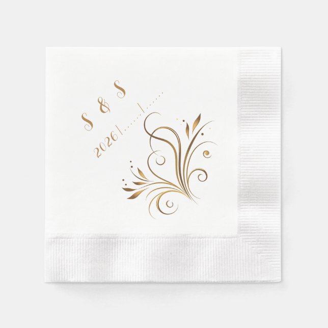 Elegant Gold Filigree & Leaf Flourish Wedding Serviette (Vorderseite)