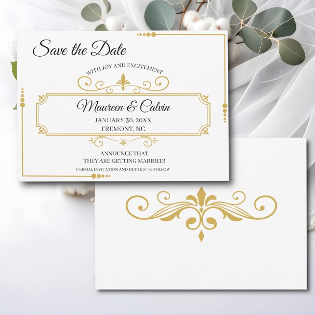Elegant Gold Filigree on White, Save the Date Einladung (Von Creator hochgeladen)