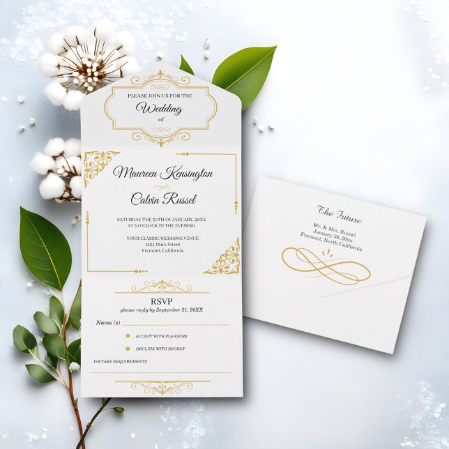 Elegant Gold Filigree on White, Wedding All In One Einladung (Von Creator hochgeladen)