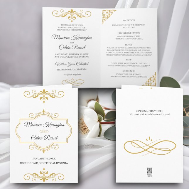 Elegant Gold Filigree on White, Wedding Einladung (Von Creator hochgeladen)