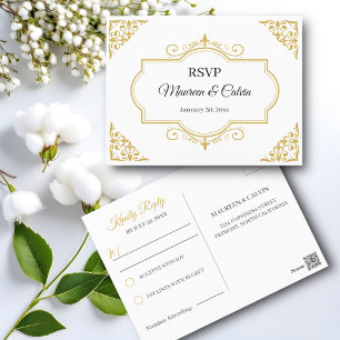 Elegant Gold Filigree on White, Wedding RSVP Postkarte