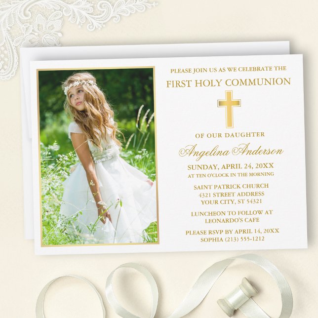 Elegant Gold First Holy Communion Photo Einladung (Customize to change text size, text style or color.)