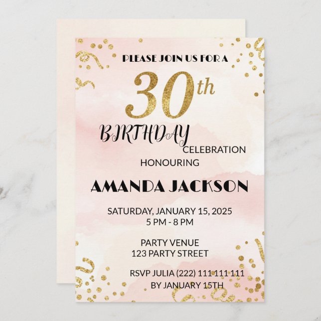 Elegant Gold Floral 30th Birthday Invitation Einladung (Vorne/Hinten)