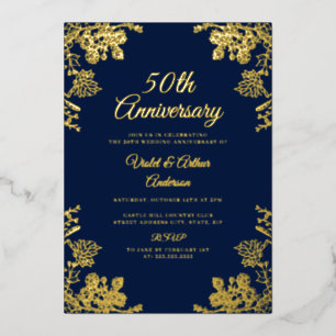 Elegant Gold Floral 50. Hochzeitstag Folieneinladung