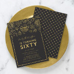 Elegant Gold Floral 60. Geburtstagsparty Einladung<br><div class="desc">Elegante florale 60. Geburtstagsparty mit Imitaten goldene Folie floral und Rand vor einem dunkelgrauen Hintergrund auf der Vorderseite. Die Einladung hat ein Imitat goldenes Polka Punktmuster auf einer dunkelgrauen Hinterseite. Personalisieren Sie diese Einladung mit Ihren Daten, indem Sie den Platzhalter-Text ersetzen. Für weitere Optionen, wie zum Beispiel den Schriftart, die...</div>