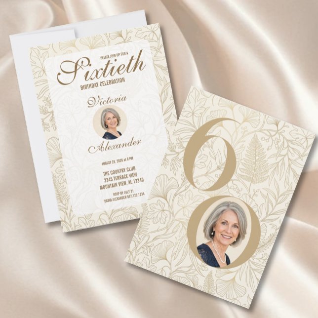 Elegant Gold Floral 60th Birthday Photo Einladung (Elegant Gold Floral 60th Birthday Photo Invitation)