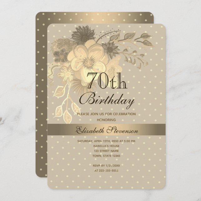 Elegant Gold Floral 70. Geburtstag Einladung (Vorne/Hinten)