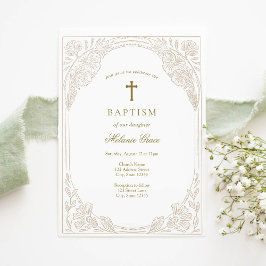 Elegant Gold Floral Baptism Invitation Einladung
