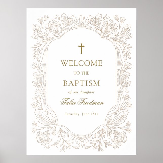 Elegant Gold Floral Baptism Welcome Poster (Vorne)