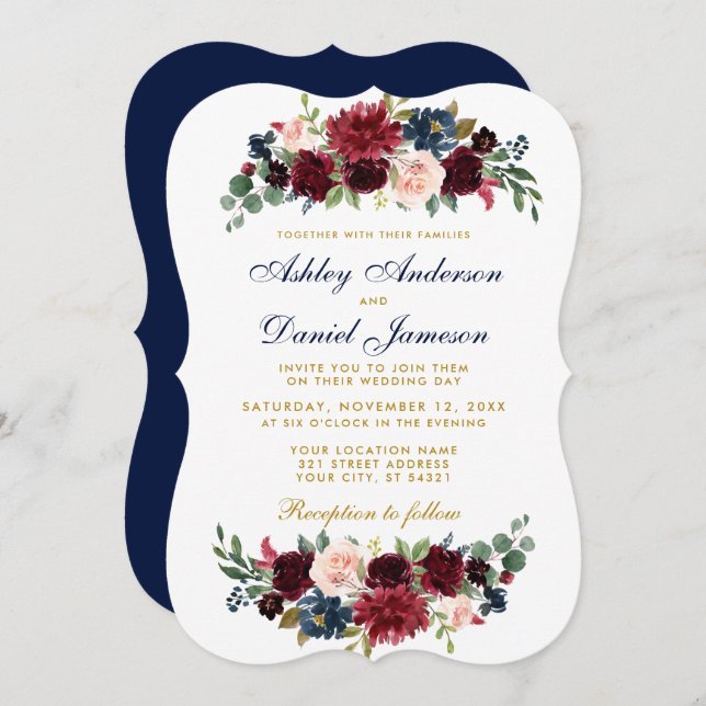 Elegant Gold Floral Blue Burgundy Wedding GB Einladung (Vorne/Hinten)
