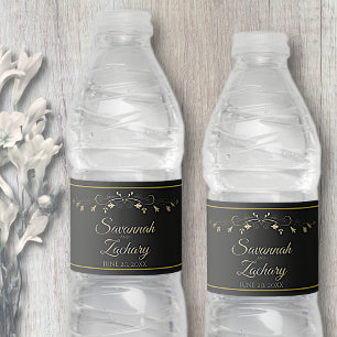 Elegant Gold Floral Blüh Black Wedding Wasserflaschenetikett