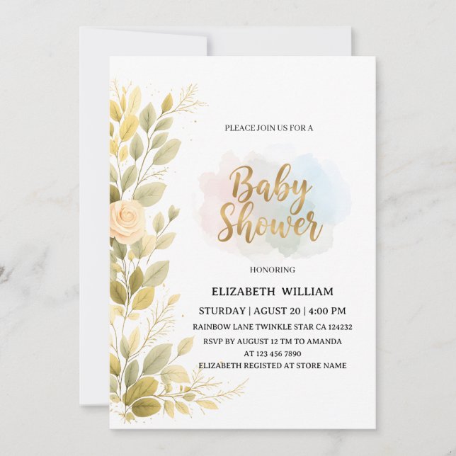 Elegant Gold Floral Botanical Baby Shower  Einladung (Vorderseite)