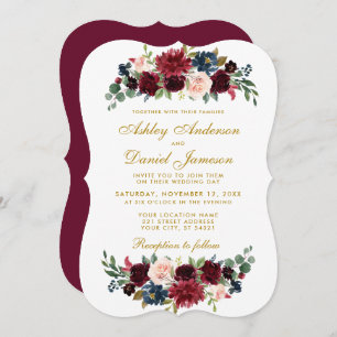 Elegant Gold Floral Burgundy Blue Wedding BR Einladung