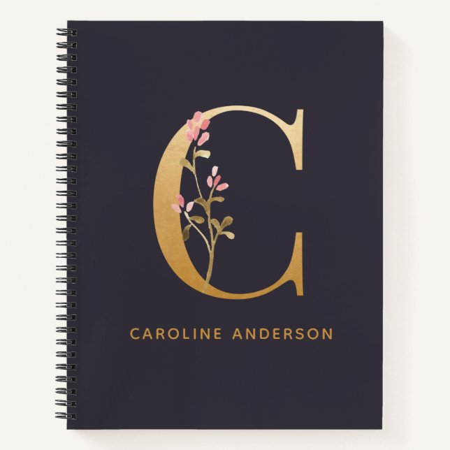 Elegant Gold Floral C Monogram Chic Personalisiert Notizbuch (Vorderseite)