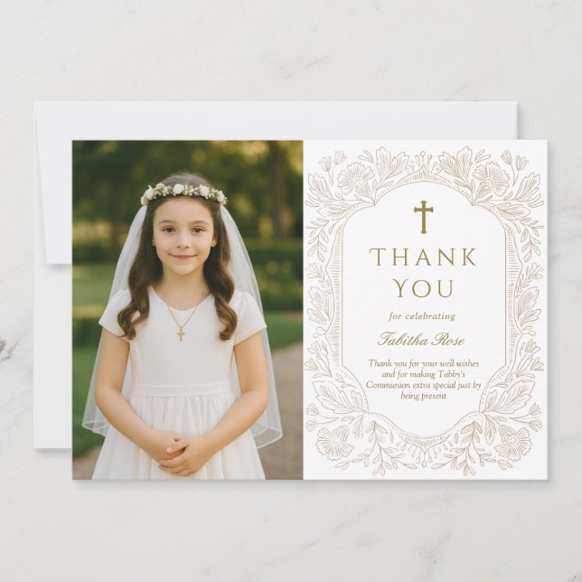 Elegant Gold Floral Communion Thank You Card Einladung (Vorderseite)