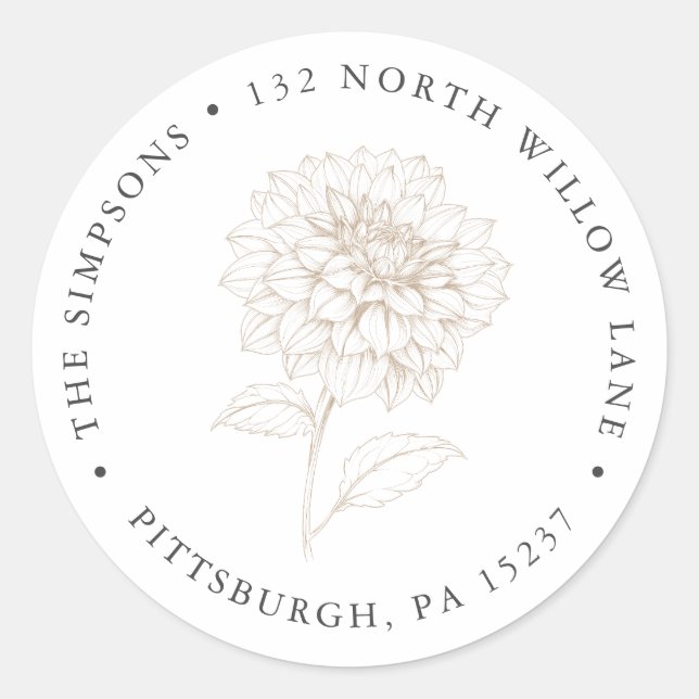 Elegant Gold Floral Dahlia Return Address  Runder Aufkleber (Vorderseite)