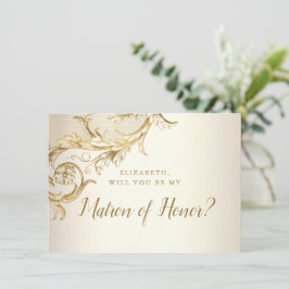 Elegant Gold Floral Damask Script Matron of Honour Einladung