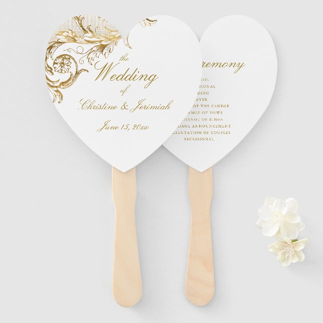 Elegant Gold Floral Damask Script White Wedding Fächer (Vorne und Hinten)
