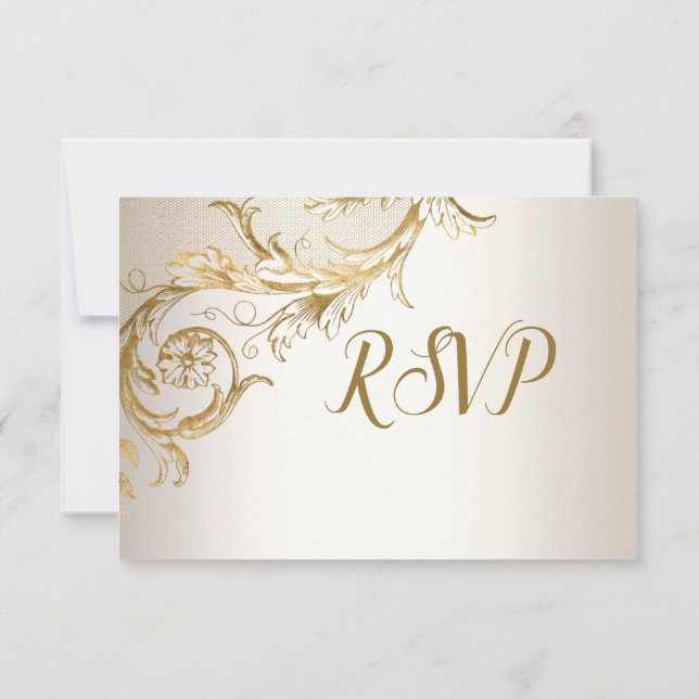 Elegant Gold Floral Damask Shiny Champagne Wedding RSVP Karte (Rückseite)