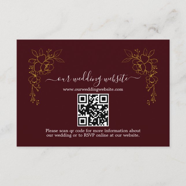 Elegant Gold Floral Deep Burgundy QR Code Wedding  Begleitkarte (Vorderseite)