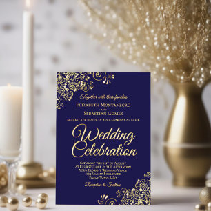 Elegant Gold Floral Frills Dark Navy Blue Wedding Folieneinladung