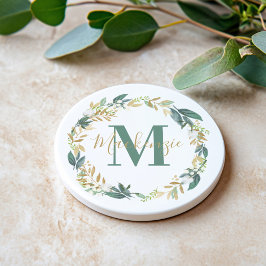Elegant Gold Floral Greenery Monogram Wreath Getränkeuntersetzer