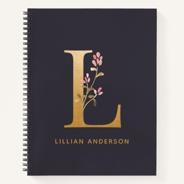 Elegant Gold Floral L Monogram Chic Personalisiert Notizbuch (Vorderseite)