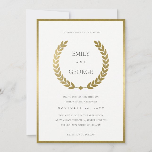 ELEGANT GOLD FLORAL LAUREL WREATH WEDD INVITE DANKESKARTE (Vorderseite)