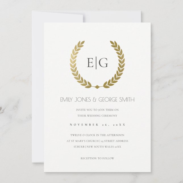 ELEGANT GOLD FLORAL LAUREL WREATH WEDD INVITE DANKESKARTE (Vorderseite)
