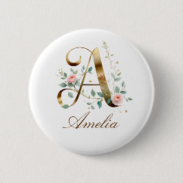 Elegant Gold Floral Letter A Wedding Button