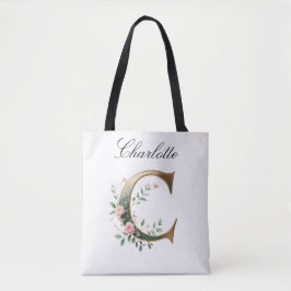Elegant Gold Floral Letter C All-Over Print Tote