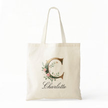 Elegant Gold Floral Letter C Monogram Tote Bag