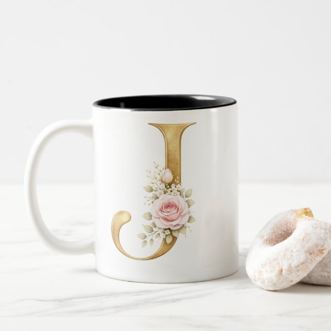 Elegant Gold Floral Letter J Monogram Logo Zweifarbige Tasse (Mit Donut)