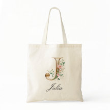 Elegant Gold Floral Letter J Monogram Tote Bag
