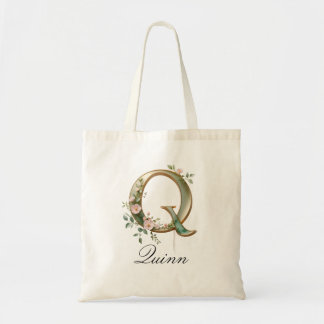 Elegant Gold Floral Letter Q Monogram Tote Bag Tragetasche