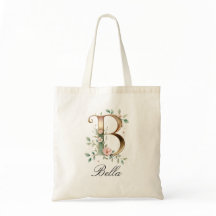 Elegant Gold Floral Monogram Initial B Tote Bag